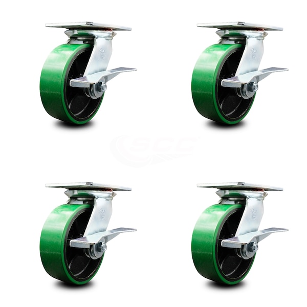 6 Inch Green Poly on Cast Iron Caster Set with Roller Bearing and Brake SCC